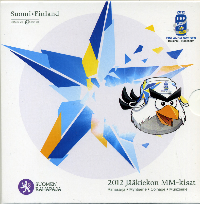 Финляндия евронабор из 8 монет 2012 Чемпионат мира по хоккею с шайбой, талисман, официальный набор в оригинальном буклете UNC 5-6-2-24