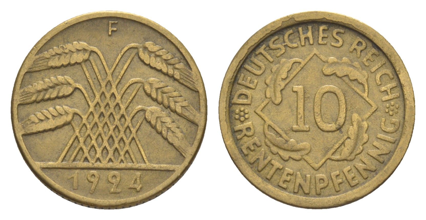 Германия 10 рентенпфеннигов 1924 F KM 33, J. 309 алюминиевая бронза 4644-1225