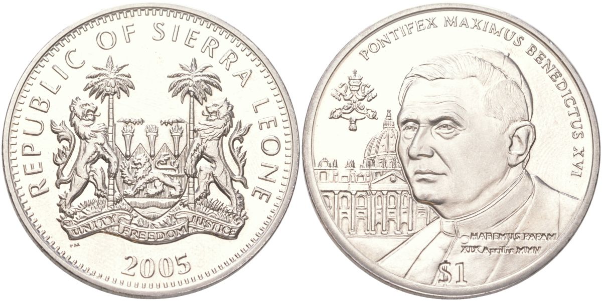 Сьерра-Леоне 1 доллар 2005 Бенедикт XVI KM 323 медно-никель BU 4368-1225