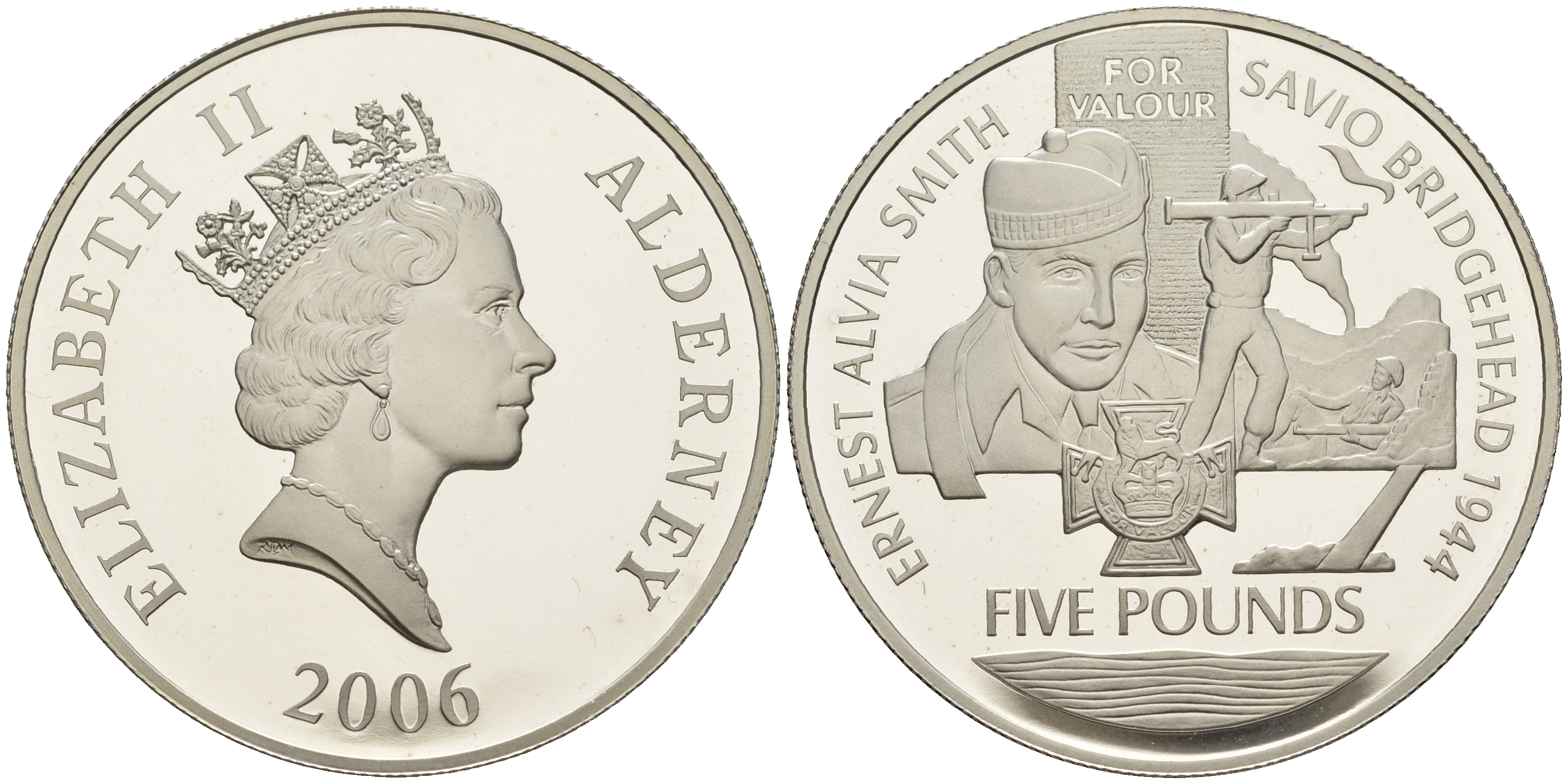 Олдерни 5 фунтов 2006 Виктория Кросс; Эрнест Смит, Елизавета II (1952-2022) KM 150 серебро PROOF 11-170-13