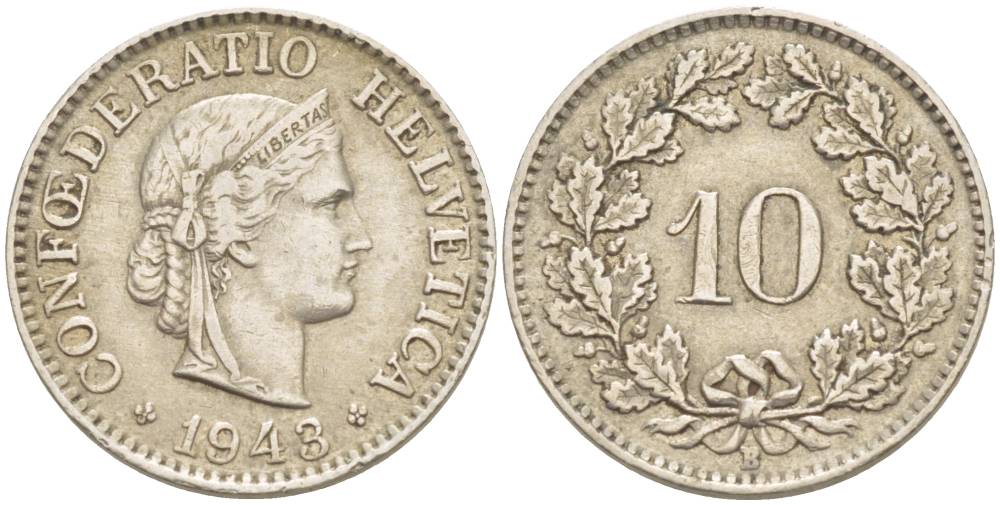 ШВЕЙЦАРИЯ 10 РАППЕНОВ 1943 В KM 27 медно-никель 216-1234