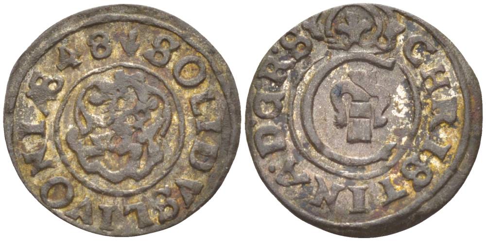 Ливония 1 солид (шелаг, шиллинг) 1648 КОРОЛЕВА КРИСТИНА (1632-1654), ШВЕДСКАЯ ОККУПАЦИЯ, ВЕС 0,67 ГР. KM 2 серебро 1517-1034