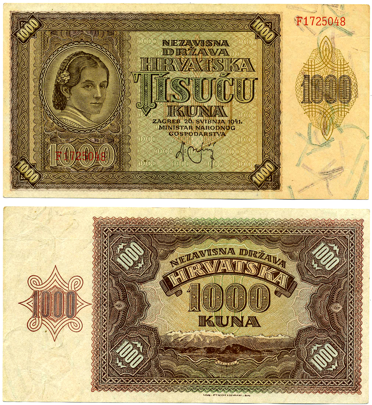 Хорватия 1000 кун 1941 женщина, горы Велебит Pick 4 бумага   435-42-2-2