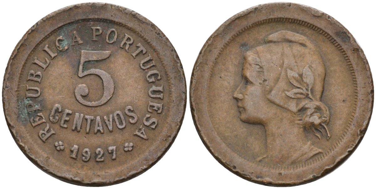 Португалия 5 сентаво 1927 KM 572 бронза 68-313