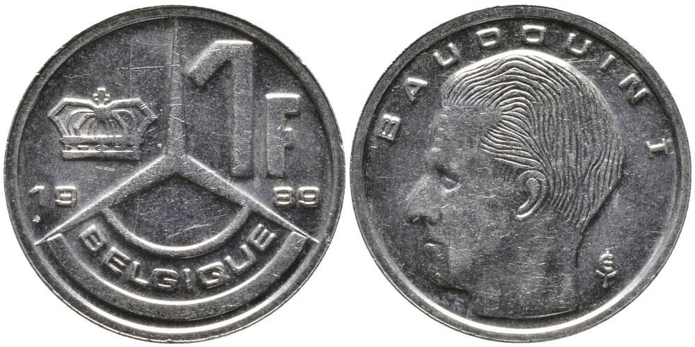 Бельгия 1 франк 1989 Belgique, Бодуэн I (1951-1993) KM 170 железо плакированное никелем 99-1217
