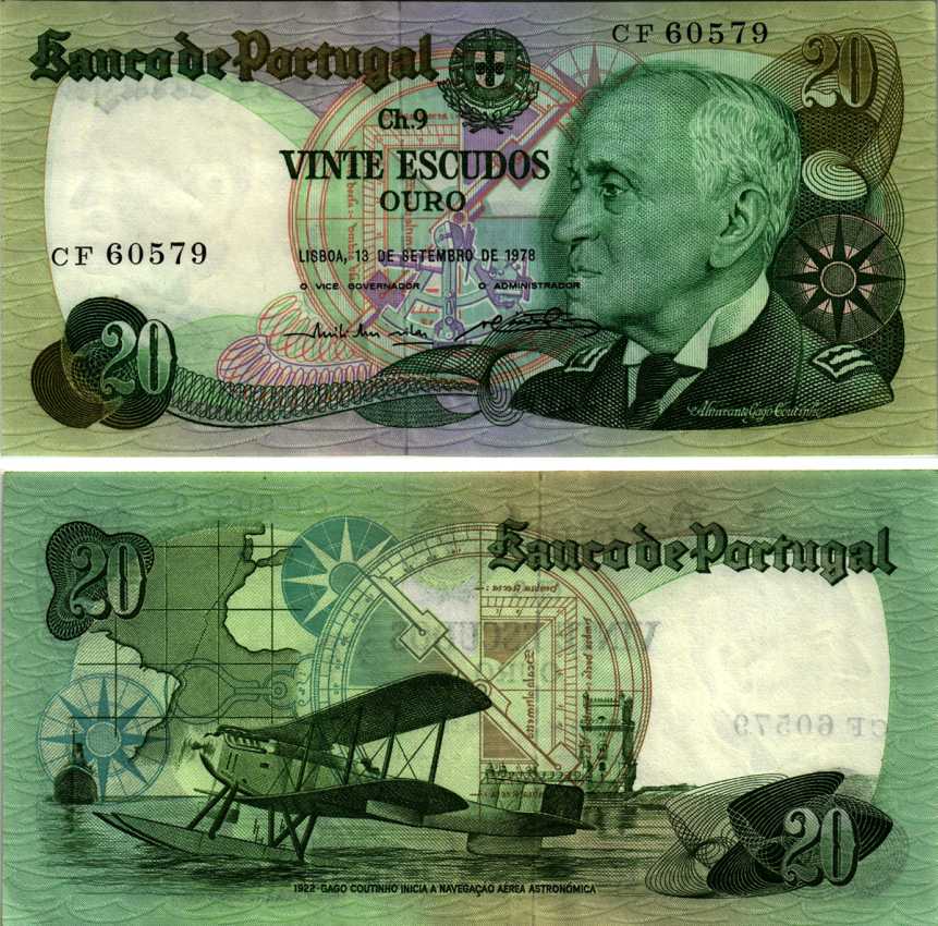 Португалия 20 эскудо 1978 Гагу Коутинью, биплан Fairey III III-MKII Pick 176 а бумага 6281-4-1-1