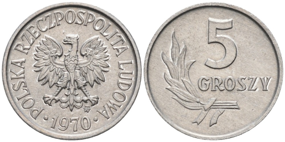 Польша 5 грошей 1970 MW  KM A46, Parchimowicz 204j алюминий 192-416