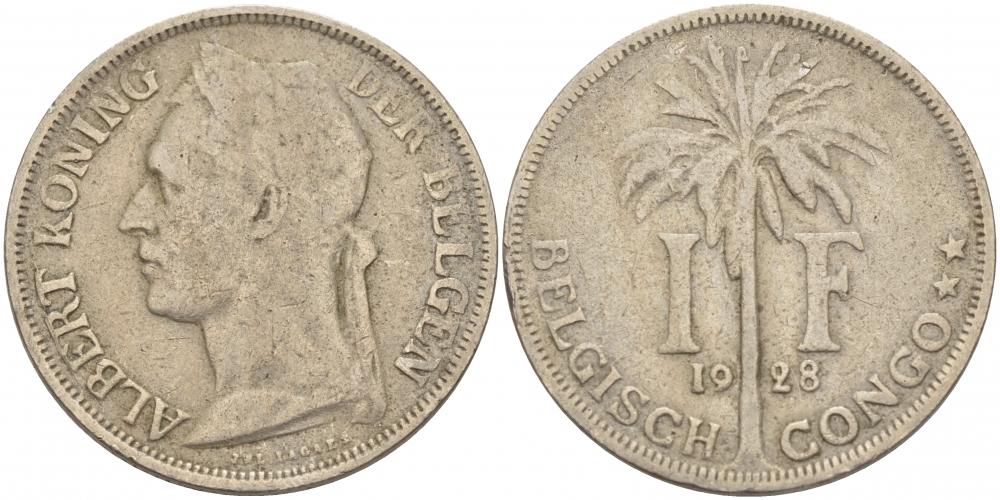 Бельгийское Конго 1 франк 1928 KM 21 медно-никель 175-1016