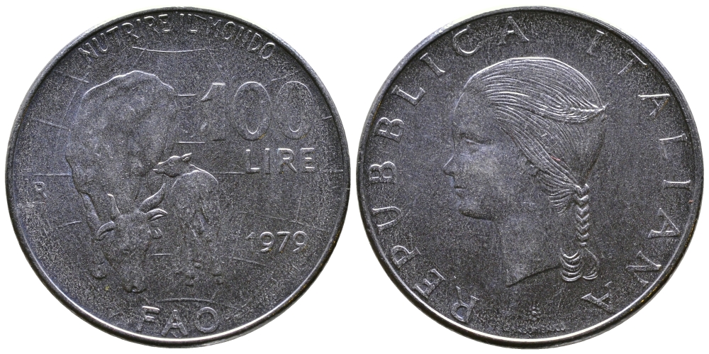 Италия 100 лир 1979 R, FAO, корова с теленком KM 106 нержавеющая сталь 3333-845