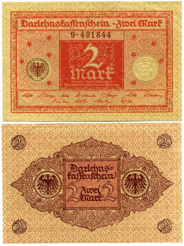 ГЕРМАНИЯ 2 МАРКИ 1920 1 МАРТА 1920, ВЕЙМАРСКАЯ РЕСПУБЛИКА, КРАСНАЯ, СЕРИЯ 9 Pick 59, Rosenberg 65b бумага 7523-1-3-2