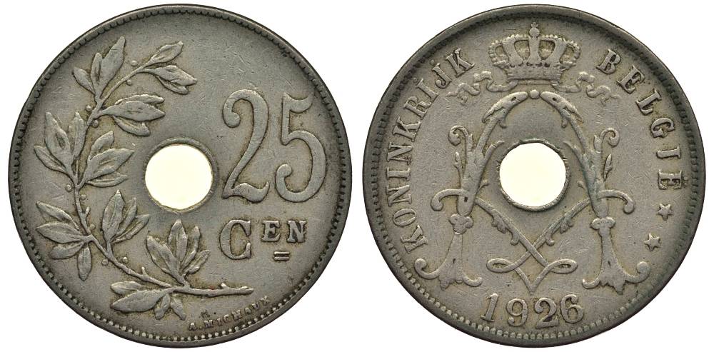 БЕЛЬГИЯ 25 САНТИМОВ 1926 BELGIE, АЛЬБЕРТ I (1909-1934) KM 69 медно-никель 27-932