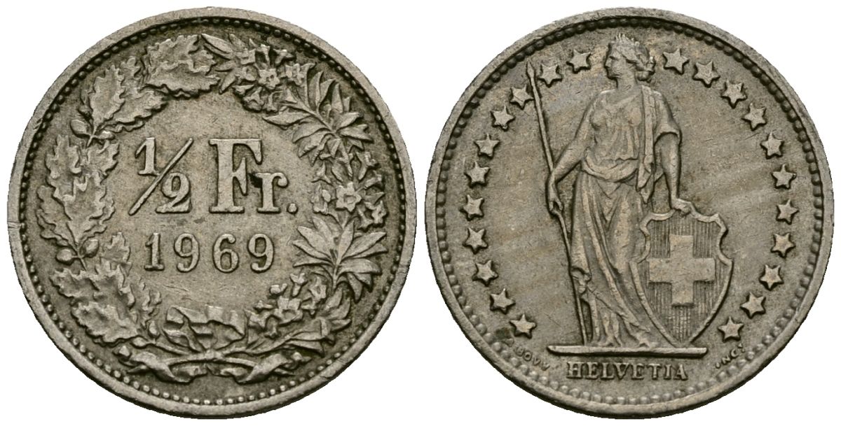 Швейцария 1/2 франка 1969 B KM 23a медно-никель 183-1246