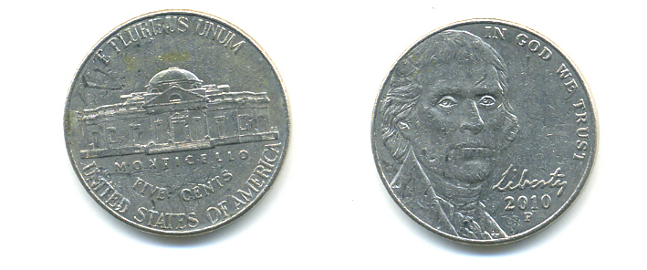 США 5 ЦЕНТОВ 2010 P ДЖЕФФЕРСОН KM 381 медно-никель 86-711