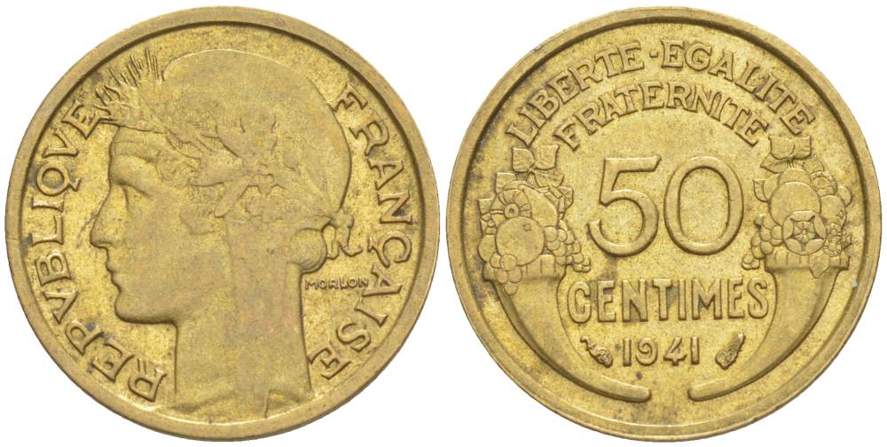 ФРАНЦИЯ 50 САНТИМОВ 1941 ТИП MORLON KM 894.1, LE FRANC 192.18 алюминиевая бронза 44-546