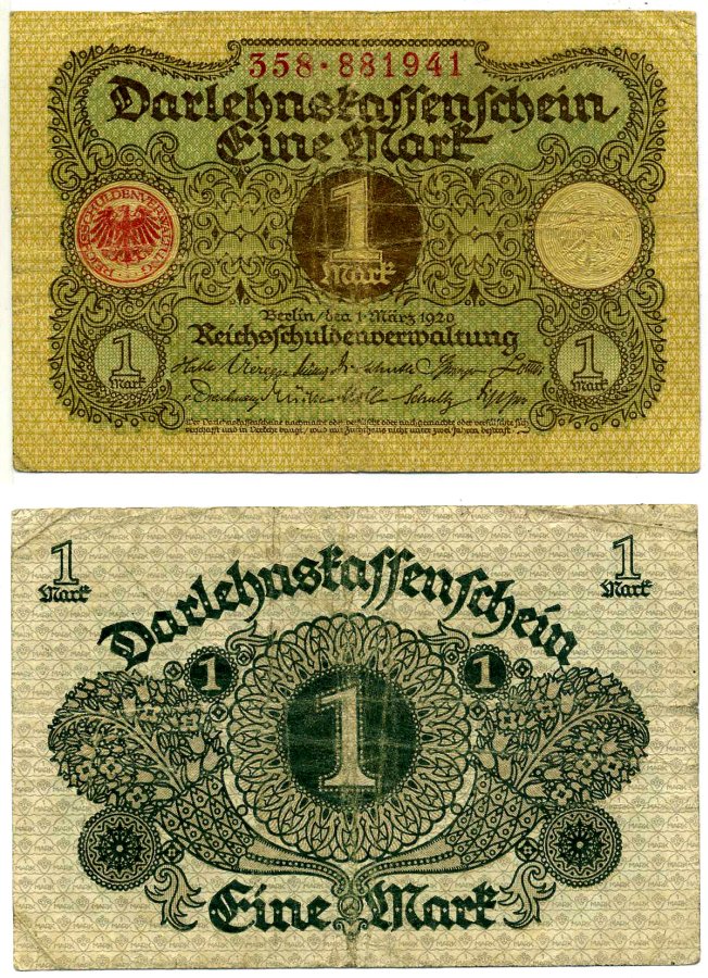 Германия 1 марка 1920 1 марта 1920, Веймарская республика, серия 358 Pick 58, Розенберг 64 бумага 2195-31-3-1