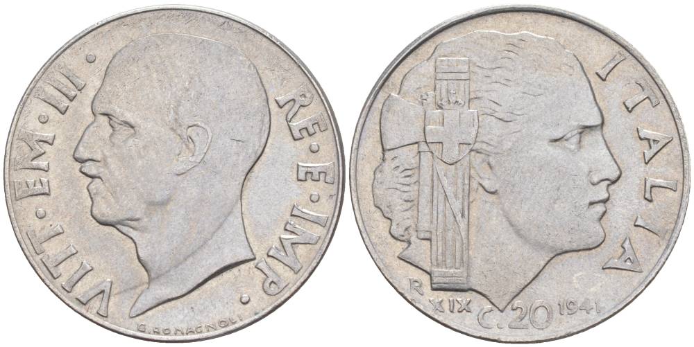ИТАЛИЯ 20 ЧЕНТЕЗИМО 1941 R, ГОД XIX, ВИКТОР ЭММАНУИЛ III (1900-1946) KM 75b, VEM3. 1028 нержавеющая сталь 3853-853