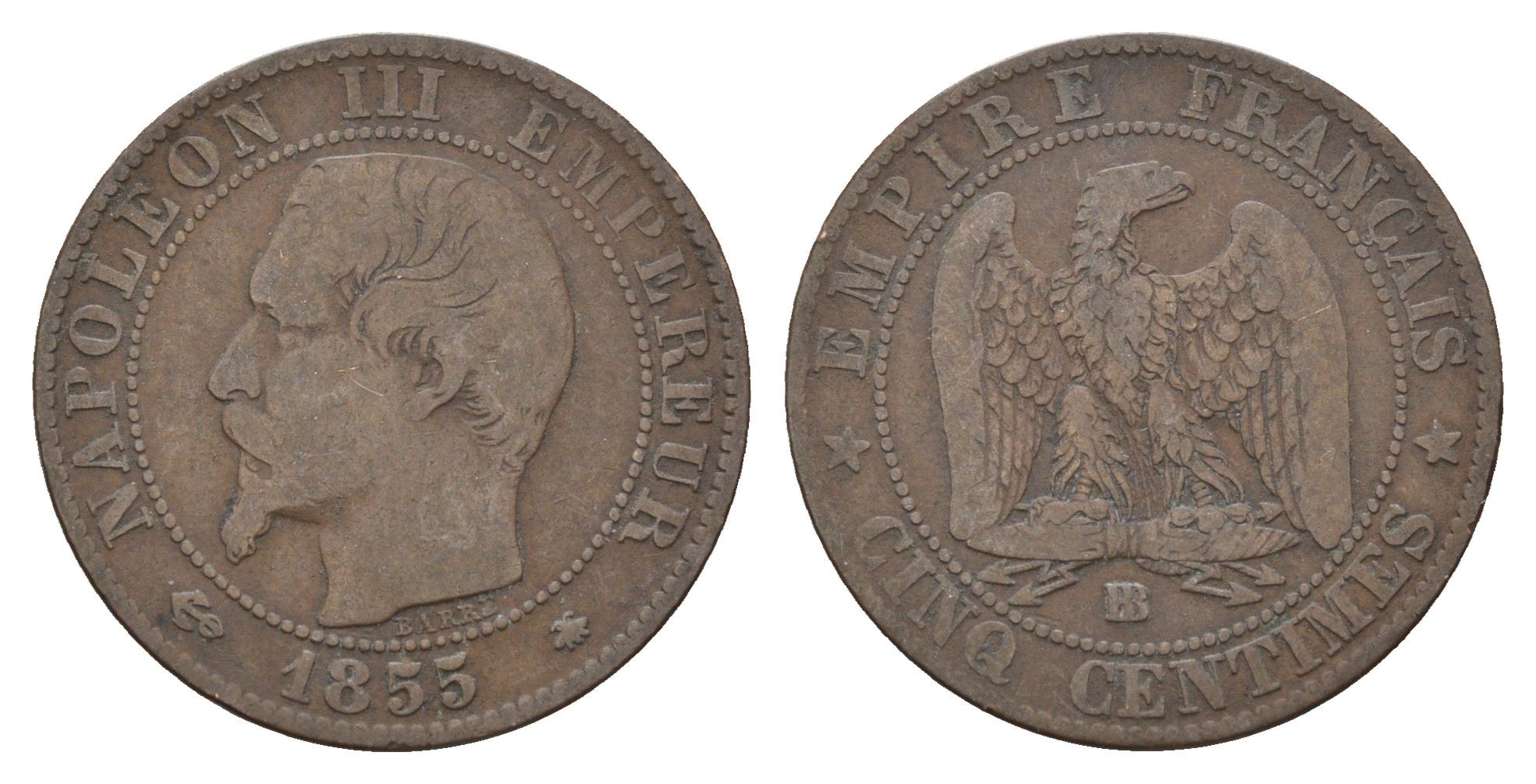 Франция 5 сантимов 1855 A, Наполеон III (1852-1870) KM 777.2 бронза 36-354