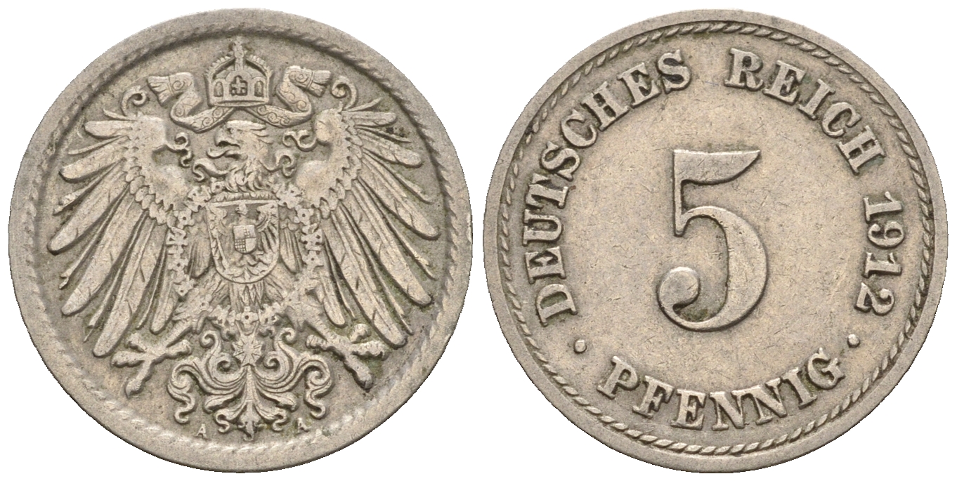 Германия 5 пфеннигов 1912 A, KM 11, J. 12 медно-никель 220-622