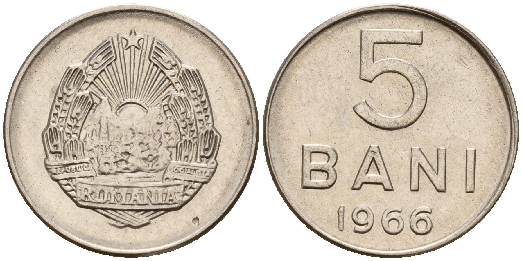 Румыния 5 бани 1966 год тип KM 92 сталь плакированная никелем  UNC  4598-444