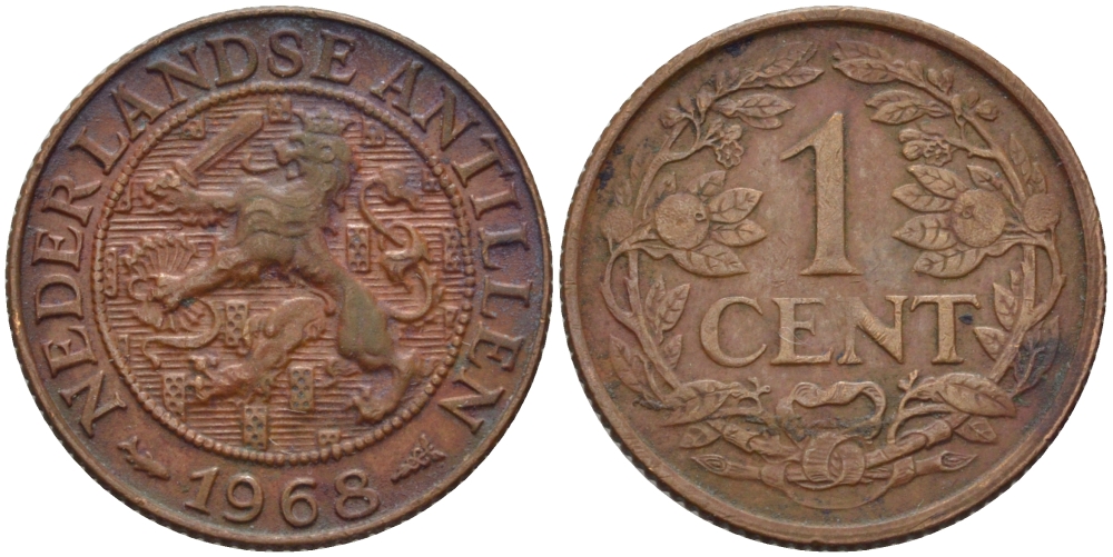 Нидерландские Антилы 1 цент 1968 Юлиана (1948-1980) KM 1 бронза 66-949