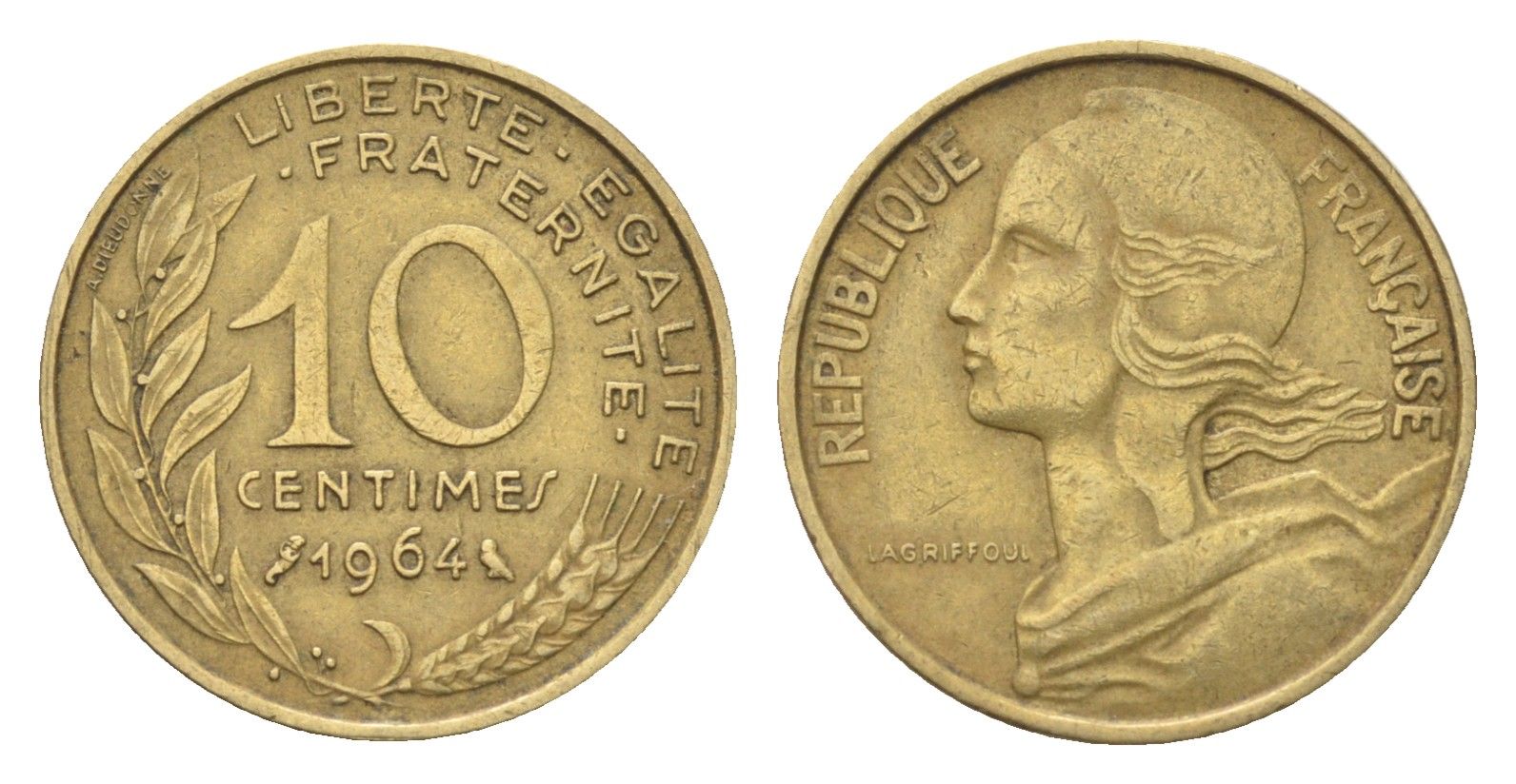 Франция 10 сантимов 1964 KM 929 алюминиевая бронза 4702-1258