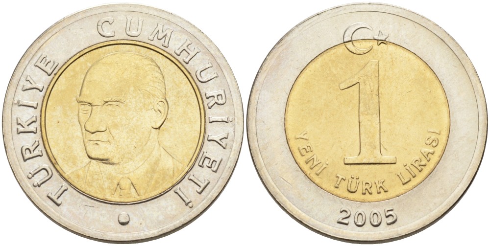 Турция 1 новая лира 2005 Кемаль Ататюрк KM 1169 биметалл UNC 4561-147