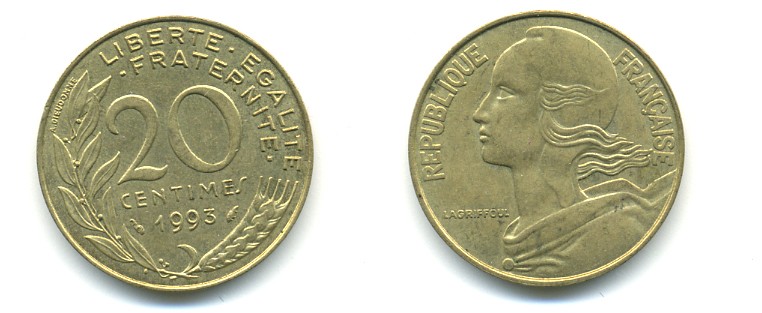 ФРАНЦИЯ 20 САНТИМОВ 1993 KM 930 медь алюминий никель 25-424