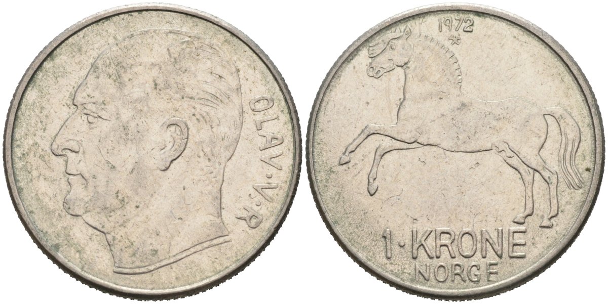 Норвегия 1 крона 1972 Улаф V (1957-1991), лошадь KM 409 медно-никель 4575-122