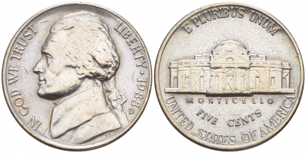 США 5 ЦЕНТОВ 1988 D, ДЖЕФФЕРСОН KM А192 медно-никель 4546-1216