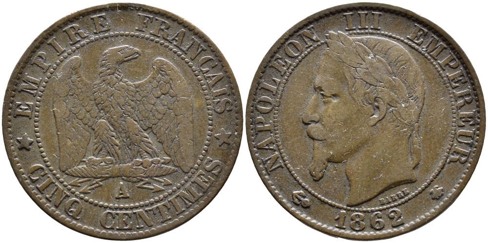 ФРАНЦИЯ 5 САНТИМОВ 1862 А, НАПОЛЕОН III (1852-1870) KM 797.1, LE FRANC 117.5 бронза 4393-334
