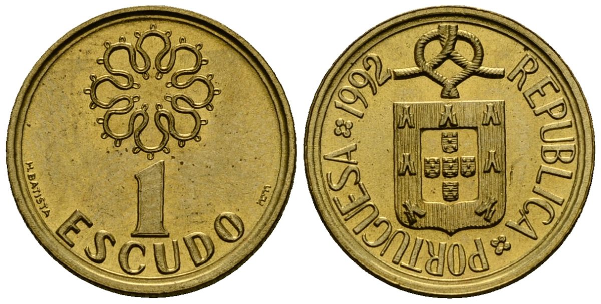 Португалия 1 эскудо 1992 KM 631 никель латунь 4164-1125