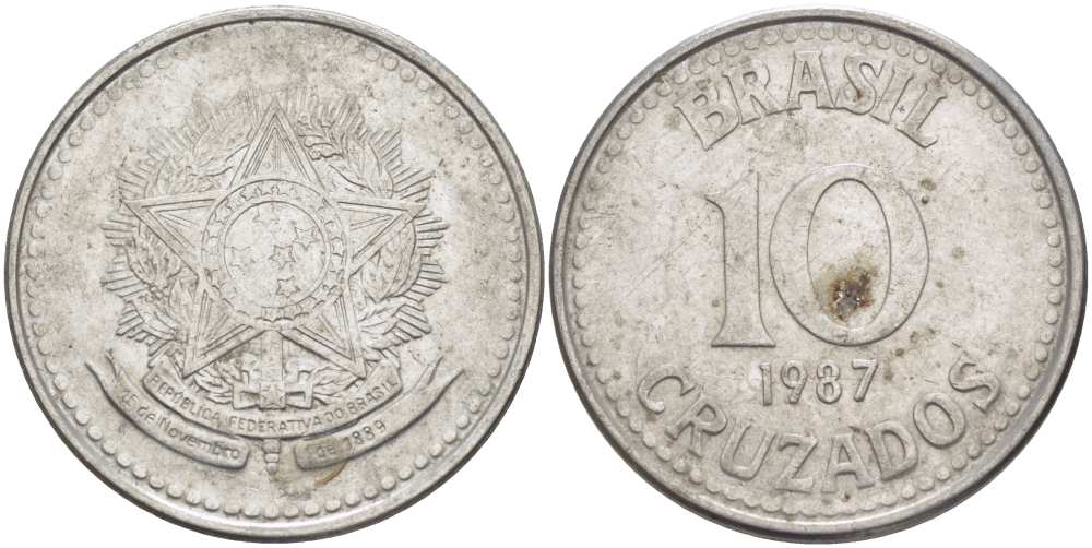 Бразилия 10 крузадо 1987 реформа 1986-1989 KM 607 нержавеющая сталь 177-643