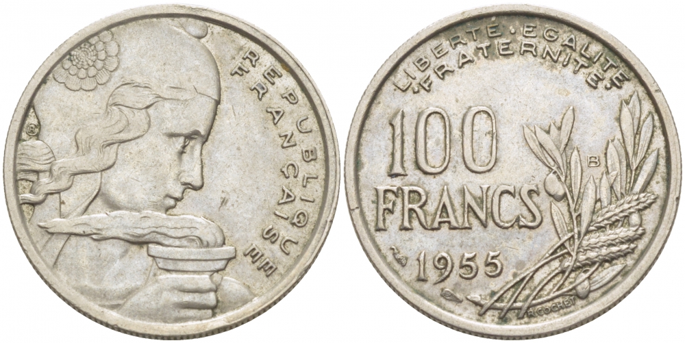 ФРАНЦИЯ 100 ФРАНКОВ 1955 В KM 919.2 медно-никель 77-931