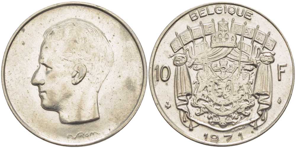 Бельгия 10 франков 1971 Belgique, Бодуэн I (1951-1993) KM 155.1 никель 213-627