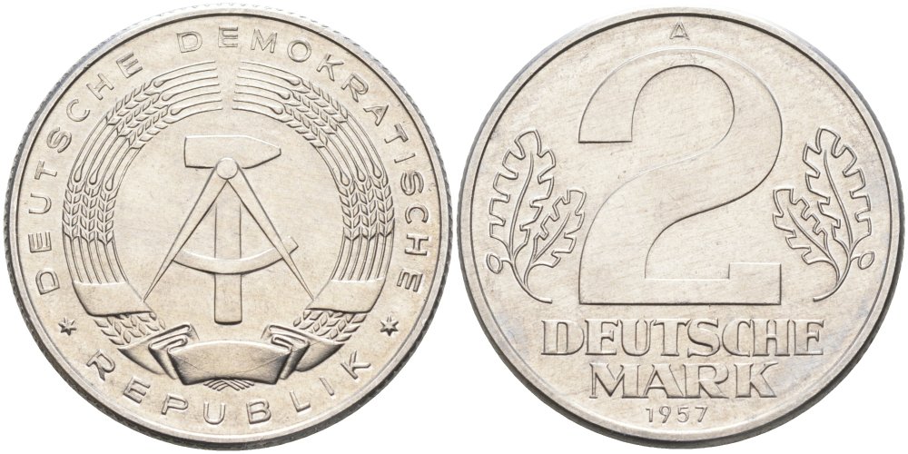 ГДР 2 марки 1957 А KM 14 алюминий UNC 4574-516