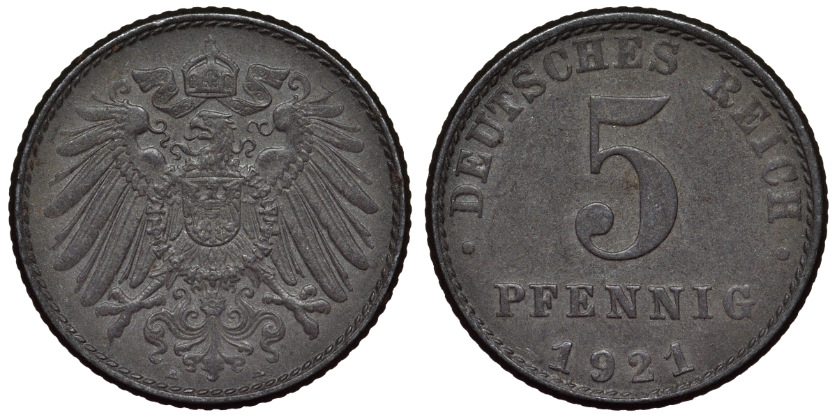 Германия 5 пфеннигов 1921 A KM 19, J. 297, Weege 5 железо 4118-1123