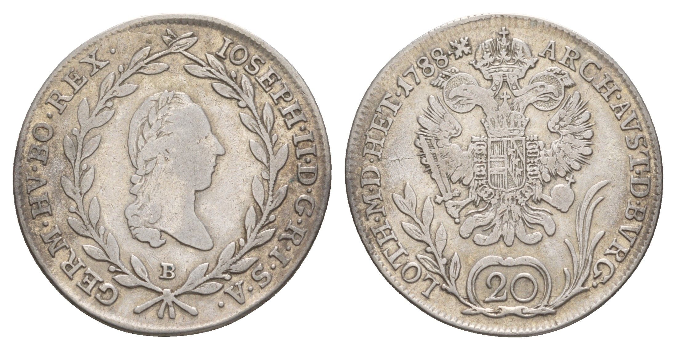 Австрия 20 крейцеров 1788 B, Иосиф II (1765-1790) KM 2069 серебро 1518-523