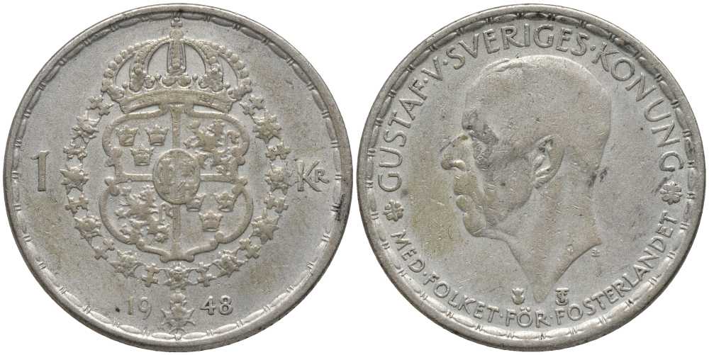Швеция 1 крона 1948 TS, Густав V (1907-1950) KM 814 серебро 202-541