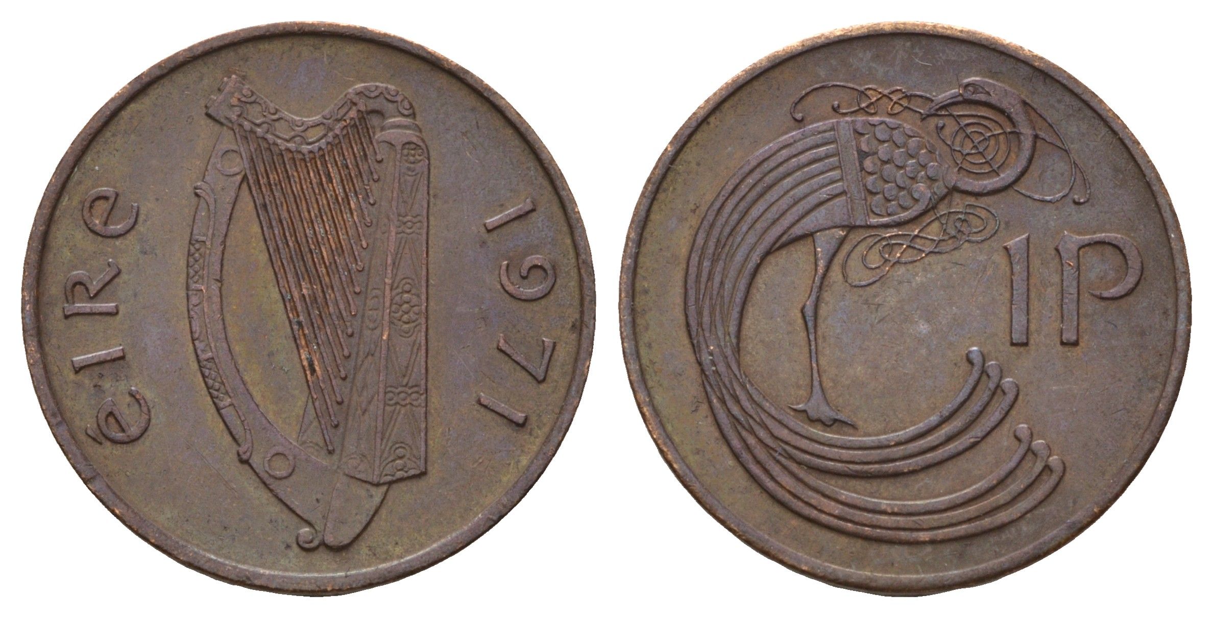 Ирландия 1 пенни 1971 мифологическая птица лира KM 20 бронза 4682-529