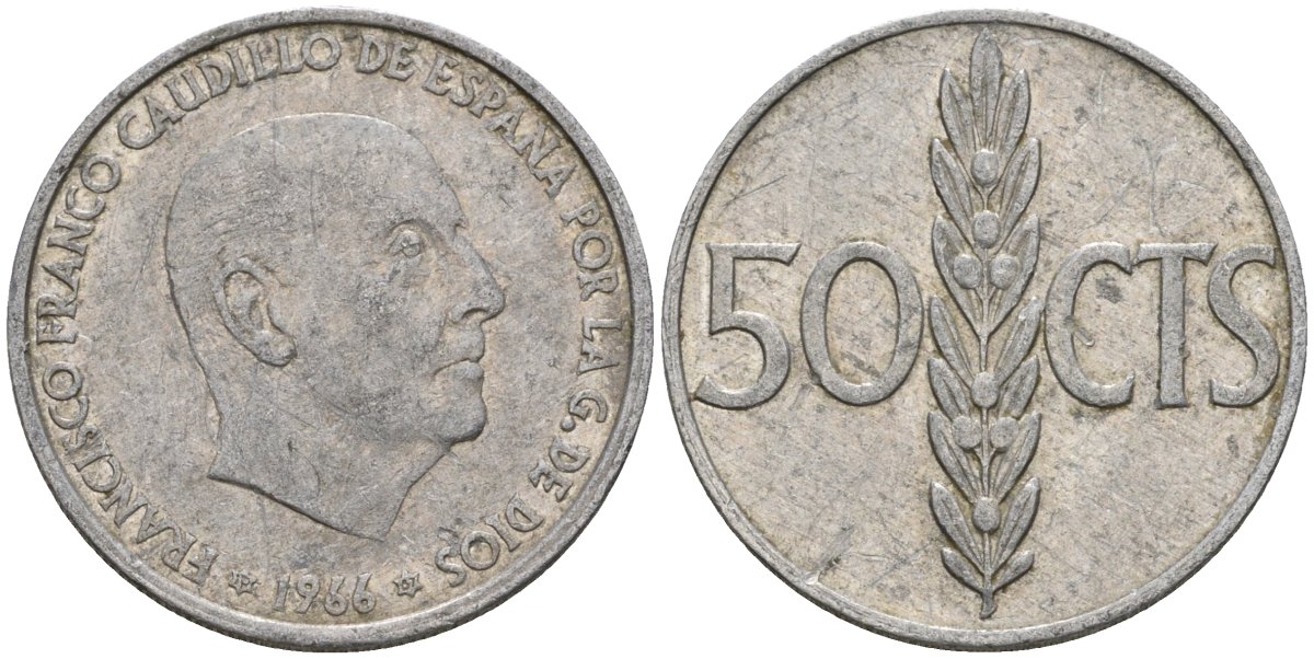 Испания 50 сентимо 1966 (67) Франсиско Франко (1939-1975) KM 795 алюминий 4398-243