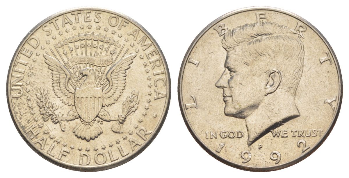 США 1/2 доллара (50 центов) 1992 P, Джон Кеннеди KM A202b медь плакированная медно-никелем aUNC 4517-633