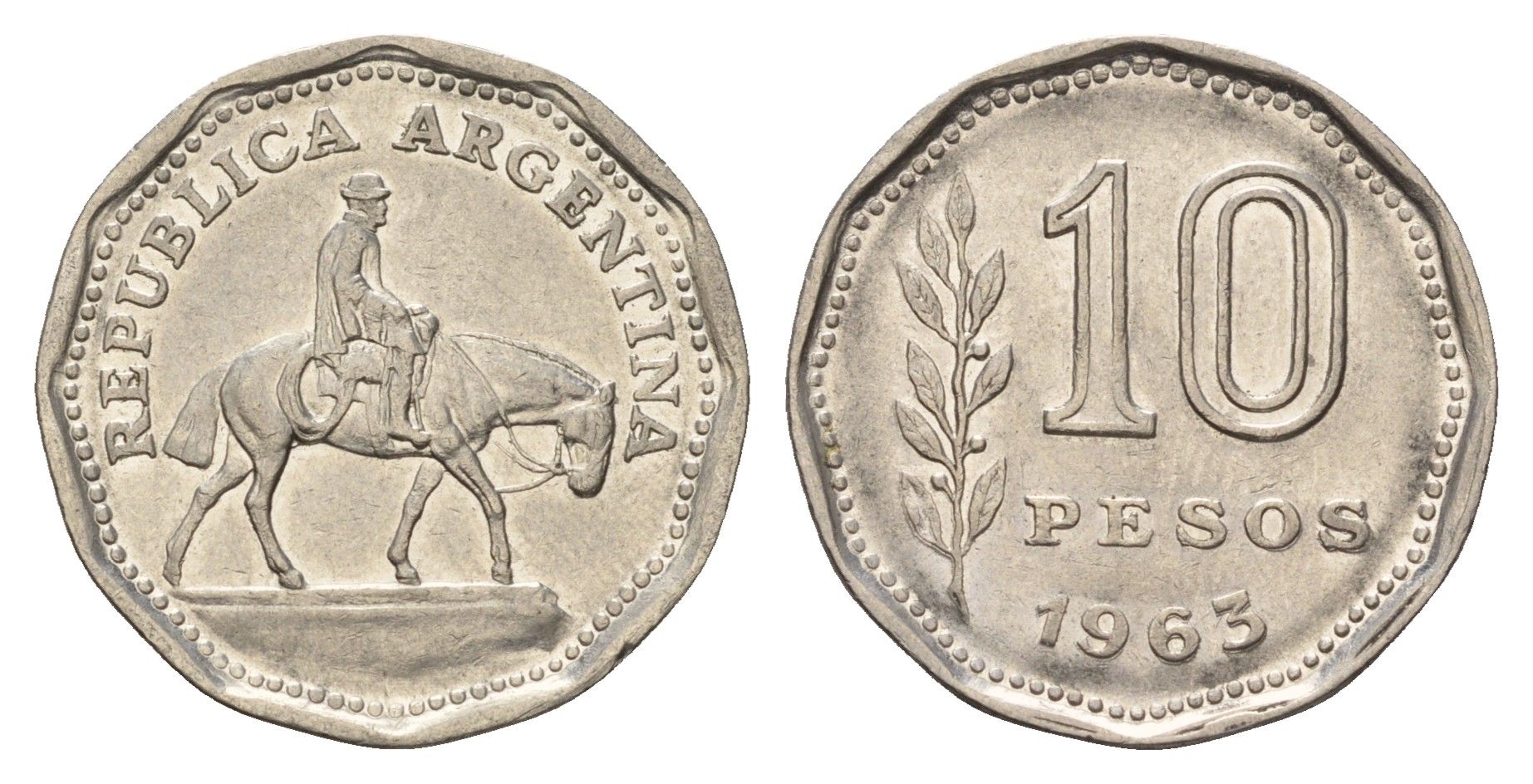 Аргентина 10 песо 1963 Гаучо KM 60 сталь плакированная никелем 4566-244
