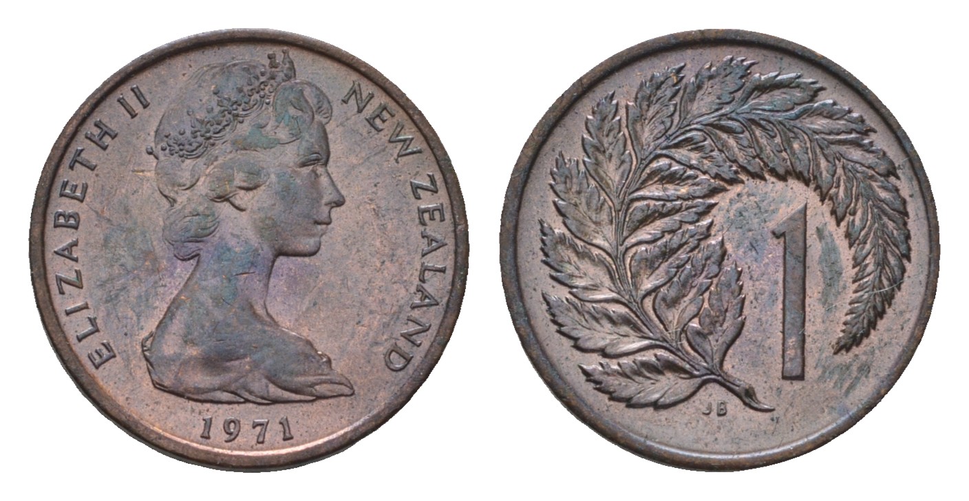 Новая Зеландия 1 цент 1971 Елизавета II (1952-2022), лист папоротника KM 31.1 бронза UNC 4690-822