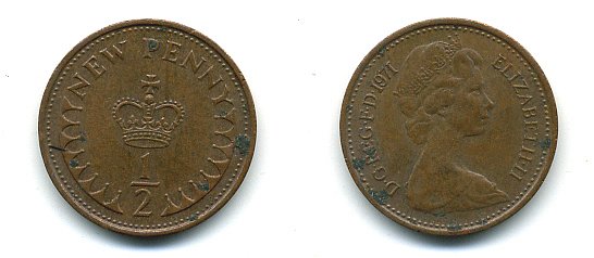 Великобритания 1/2 пенни 1971 Елизавета II (1952-2022) КМ 914, Spink 4239 бронза 4110-1647