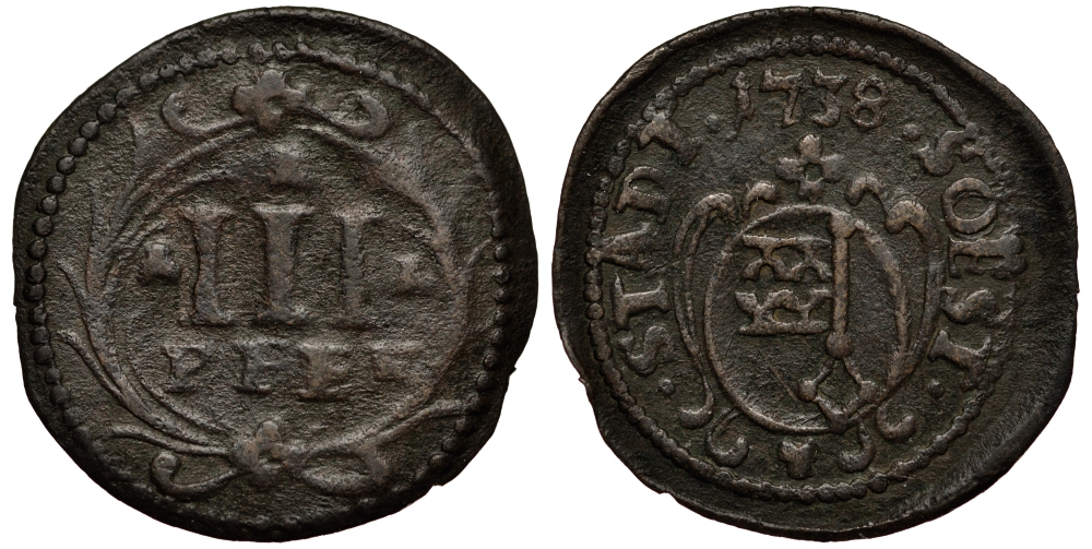 Соест 3 пфеннига 1738 KM 24 медь 413-2922