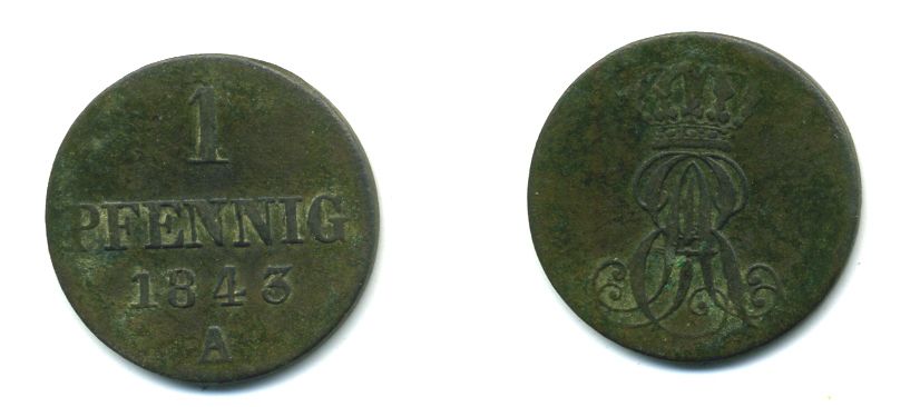 Ганновер 1 пфенниг 1843 A, Эрнст Август (1837-1851) KM 173.1, AKS 126, J. 54 медь 35-154