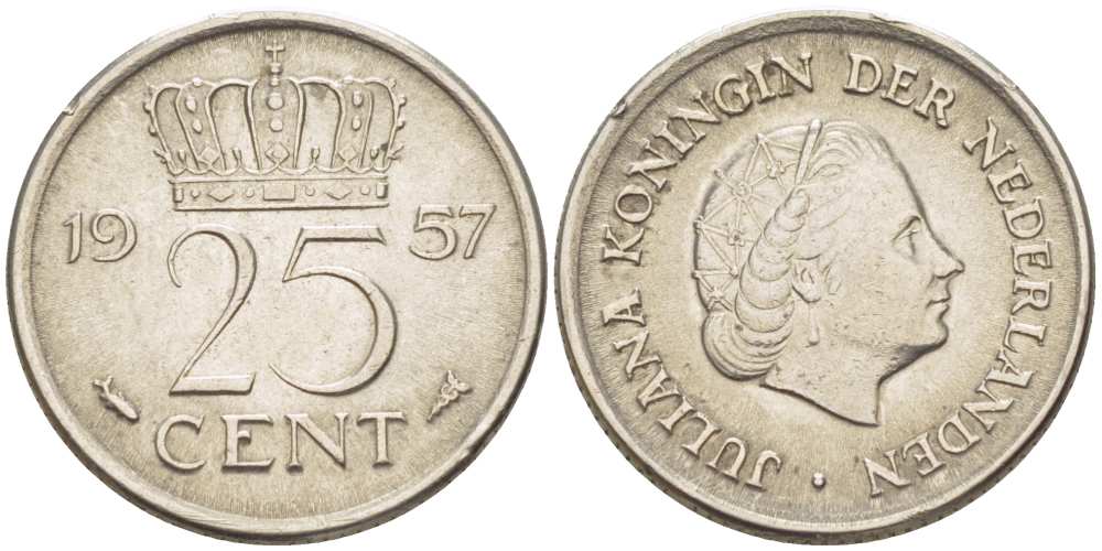 Нидерланды 25 центов 1957 Юлиана (1949-1980) KM 183 никель 3955-151
