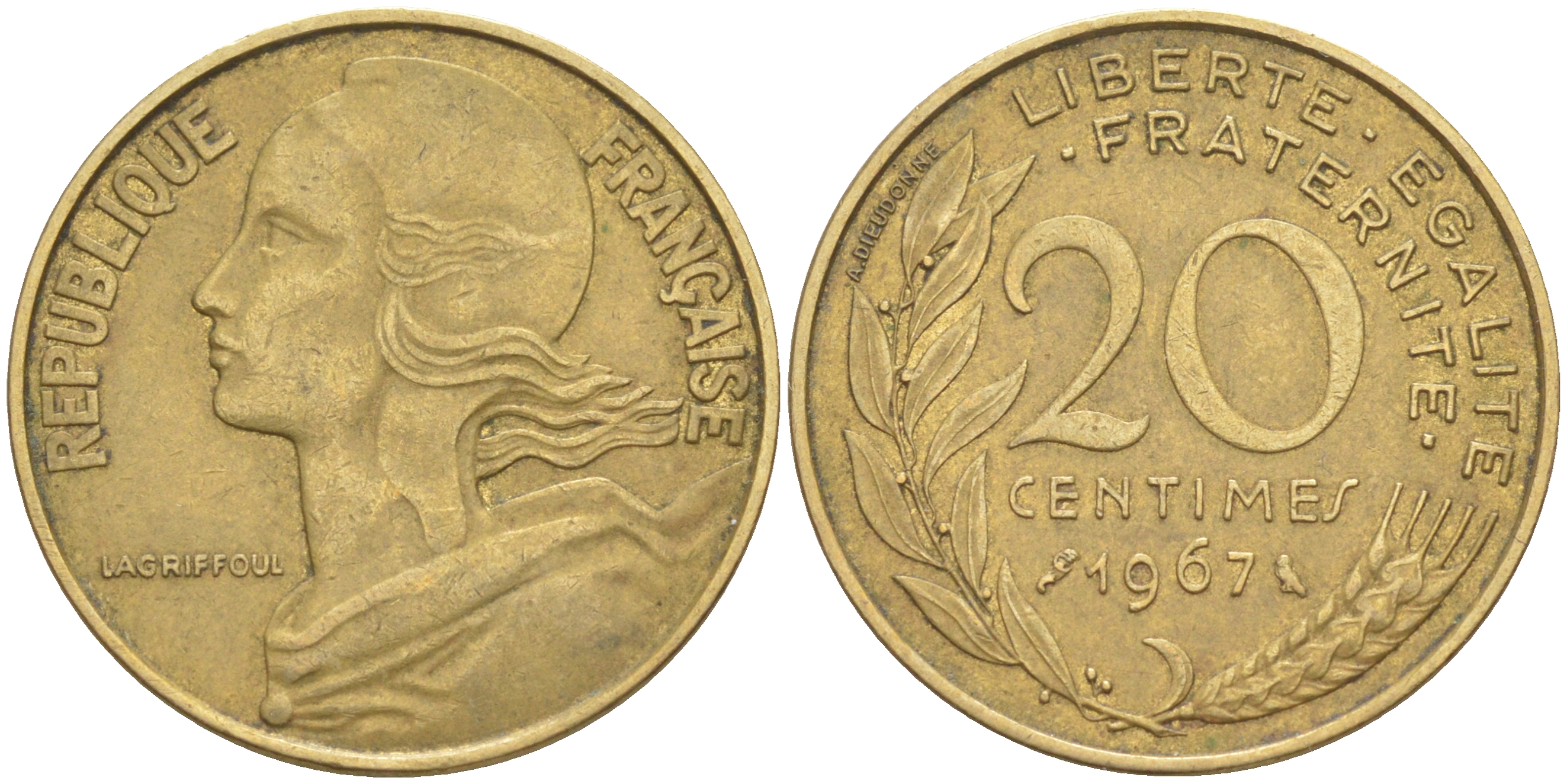 ФРАНЦИЯ 20 САНТИМОВ 1967 ТИП MARIANNE KM 930, Le Franc 156.7 медь алюминий никель 4513-115