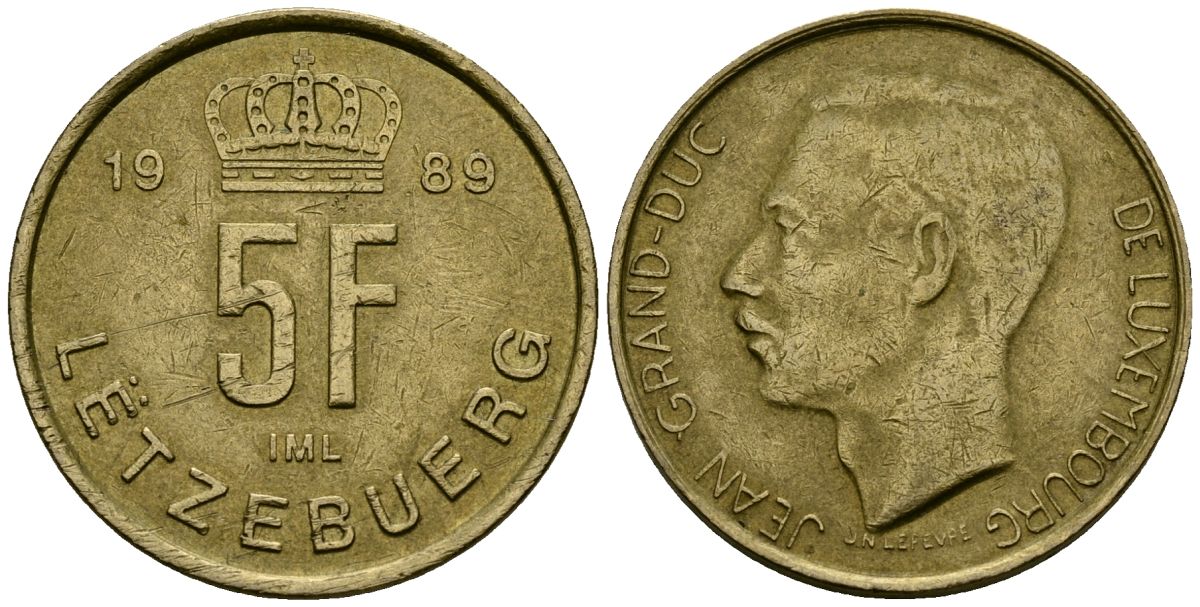 Люксембург 5 франков 1989 Великий герцог Жан (1964 - 1999) KM 65 алюминиевая бронза 4171-1154