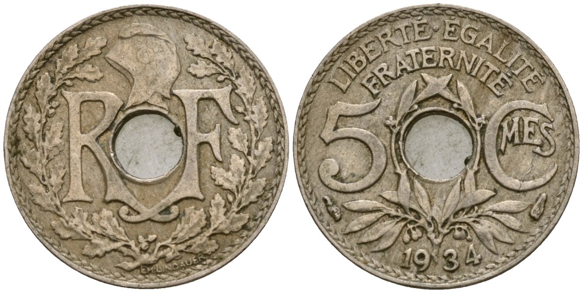 Франция 5 сантимов 1934 KM 875 медно-никель 4164-652